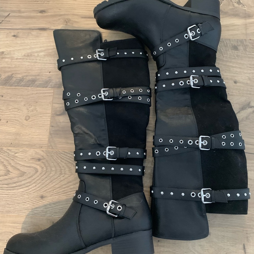 Fergalicious Black Over the Knee Boots with Silver Studs
